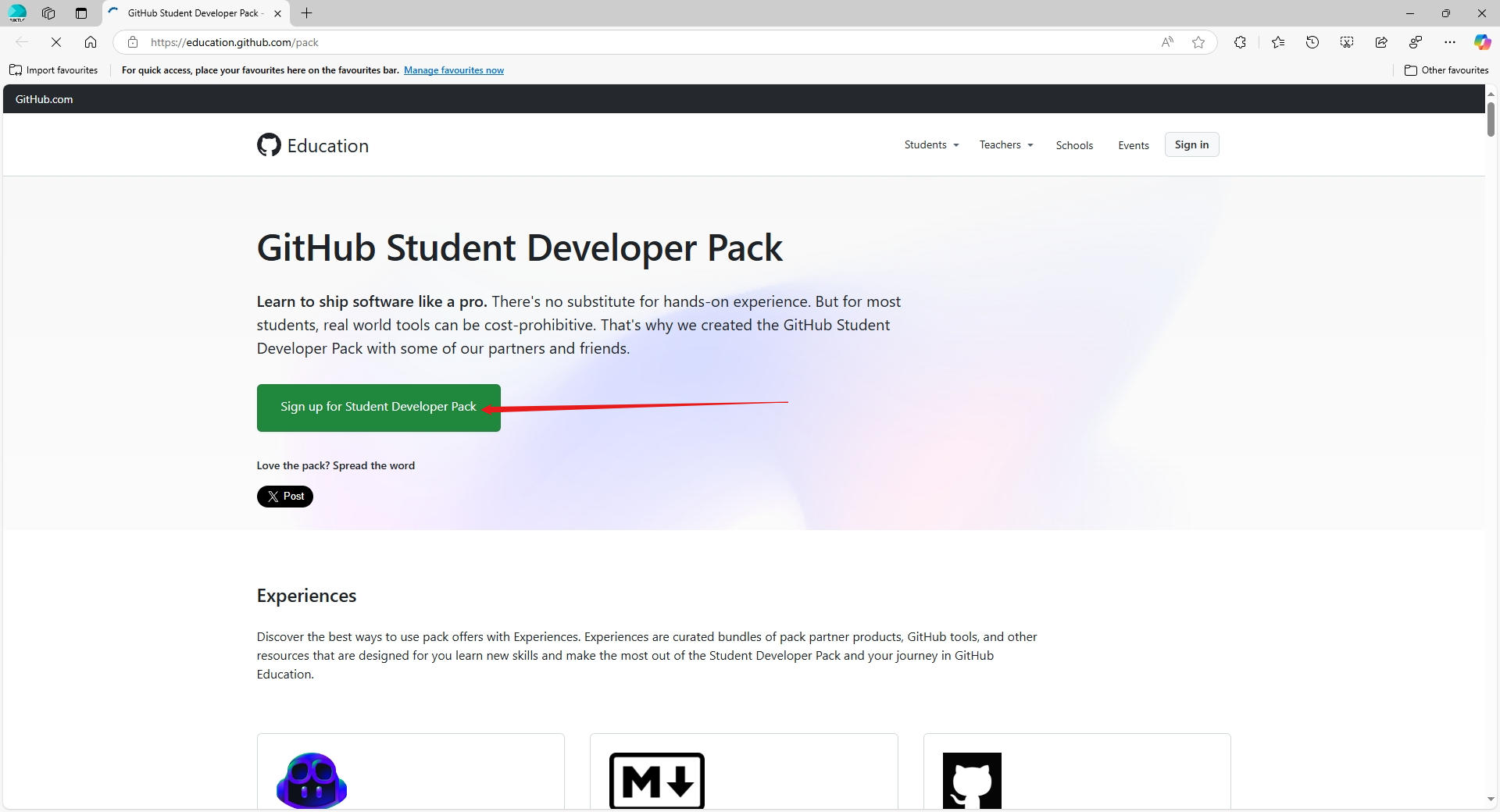 Gambar 3: Halaman GitHub Student Developer Pack dan tombol Get the Pack