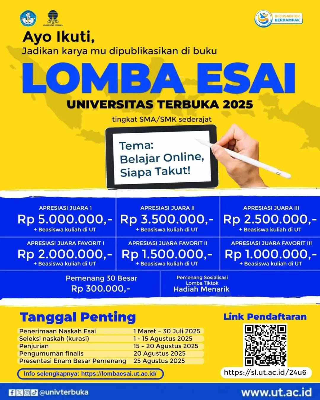 Lomba Esai Universitas Terbuka 2025 untuk SMA/SMK - Batas Akhir 30 Juli 2025