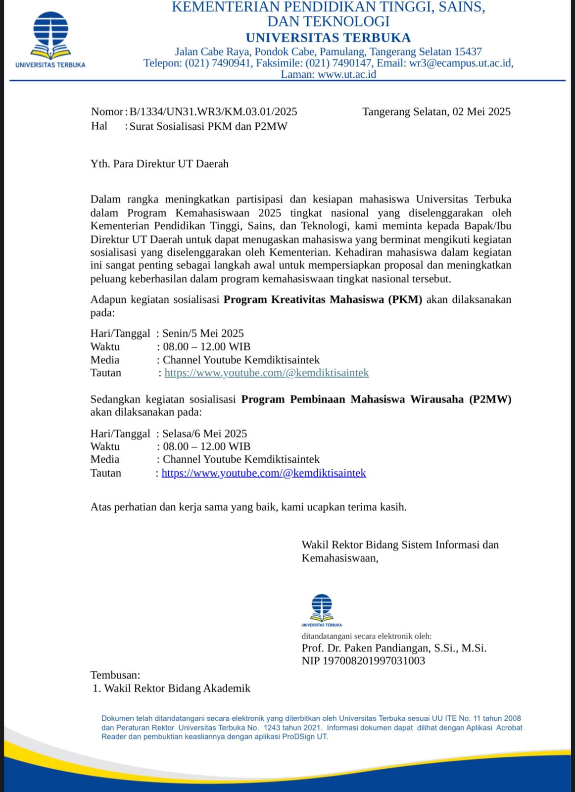 Sosialisasi Program Kreativitas Mahasiswa (PKM) dan Program Pembinaan Mahasiswa Wirausaha (P2MW) 2025